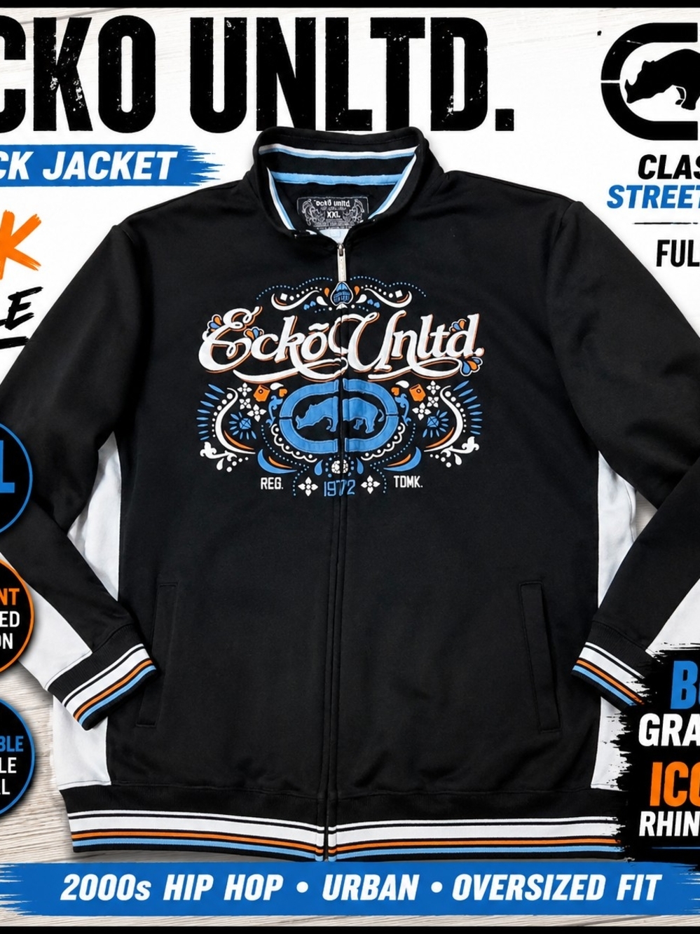 Ecko Unltd Track Jacket XXL Black Full Zip Graphic Y2K Streetwear Hip Hop EUC